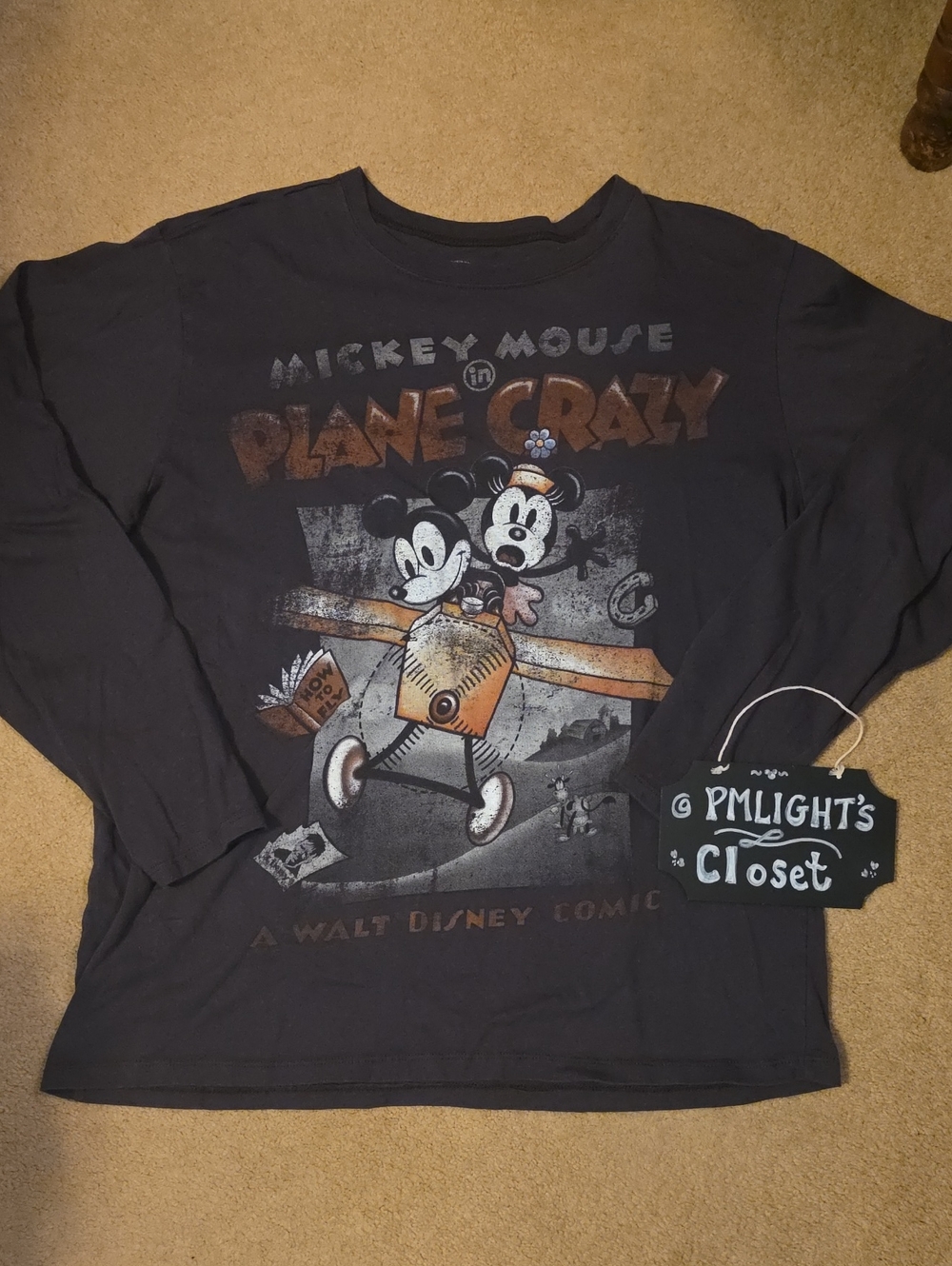Disney Store Mickey Mouse in Plane Crazy Graphic T-Shirt Long Sleeve XL Gray